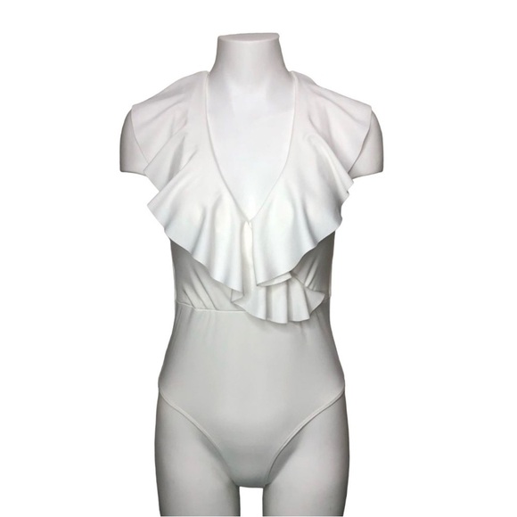 Shein White Ruffle Lace Up back swimsuit Size Small - Picture 1 of 7